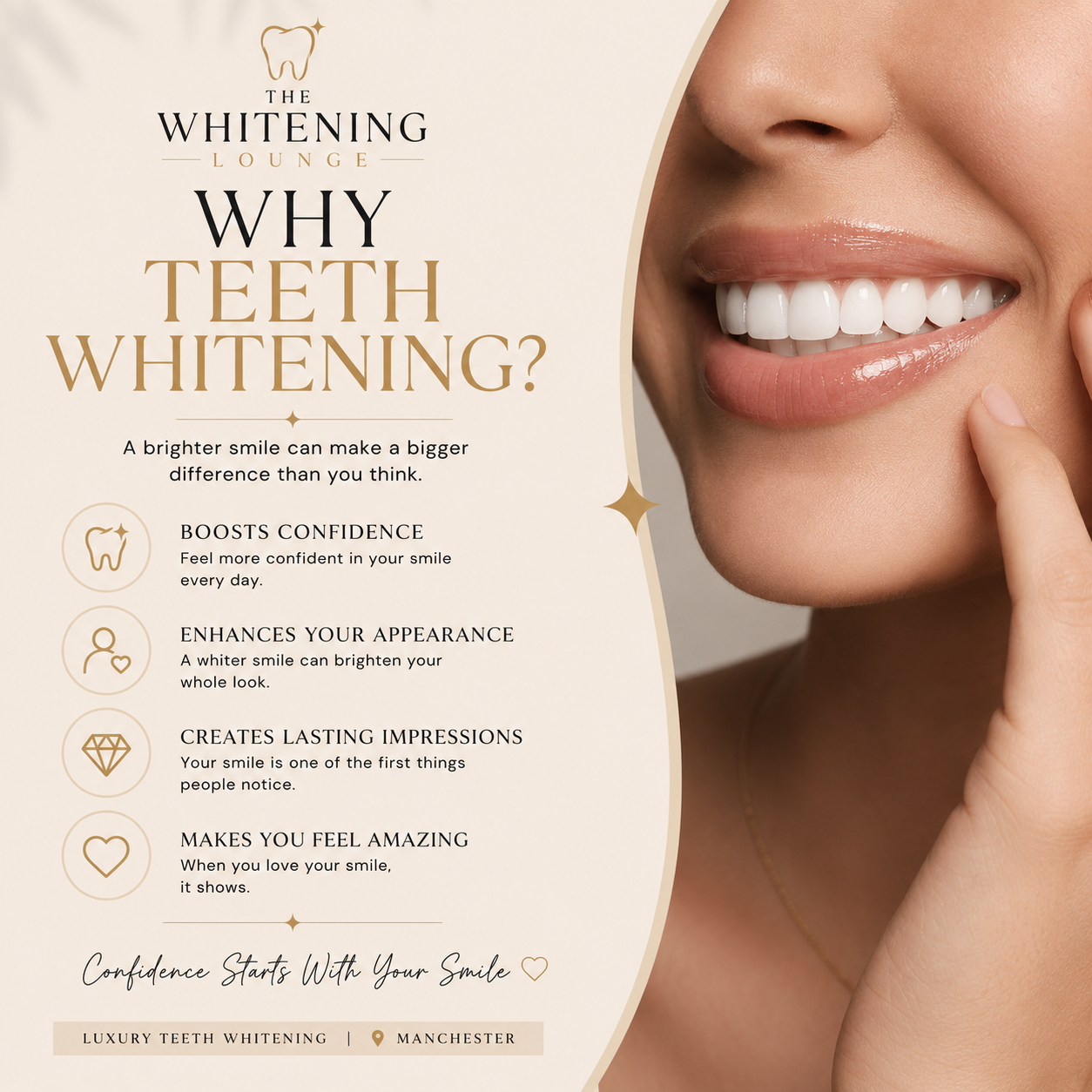 Bright smile showing the luxury teeth whitening brand aesthetic